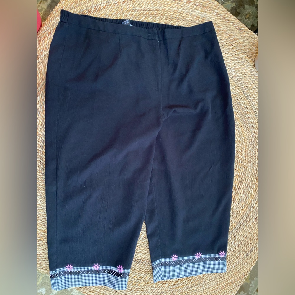 Portrait Black with thingamajigger and embroidered hem cropped pants. Size 2X